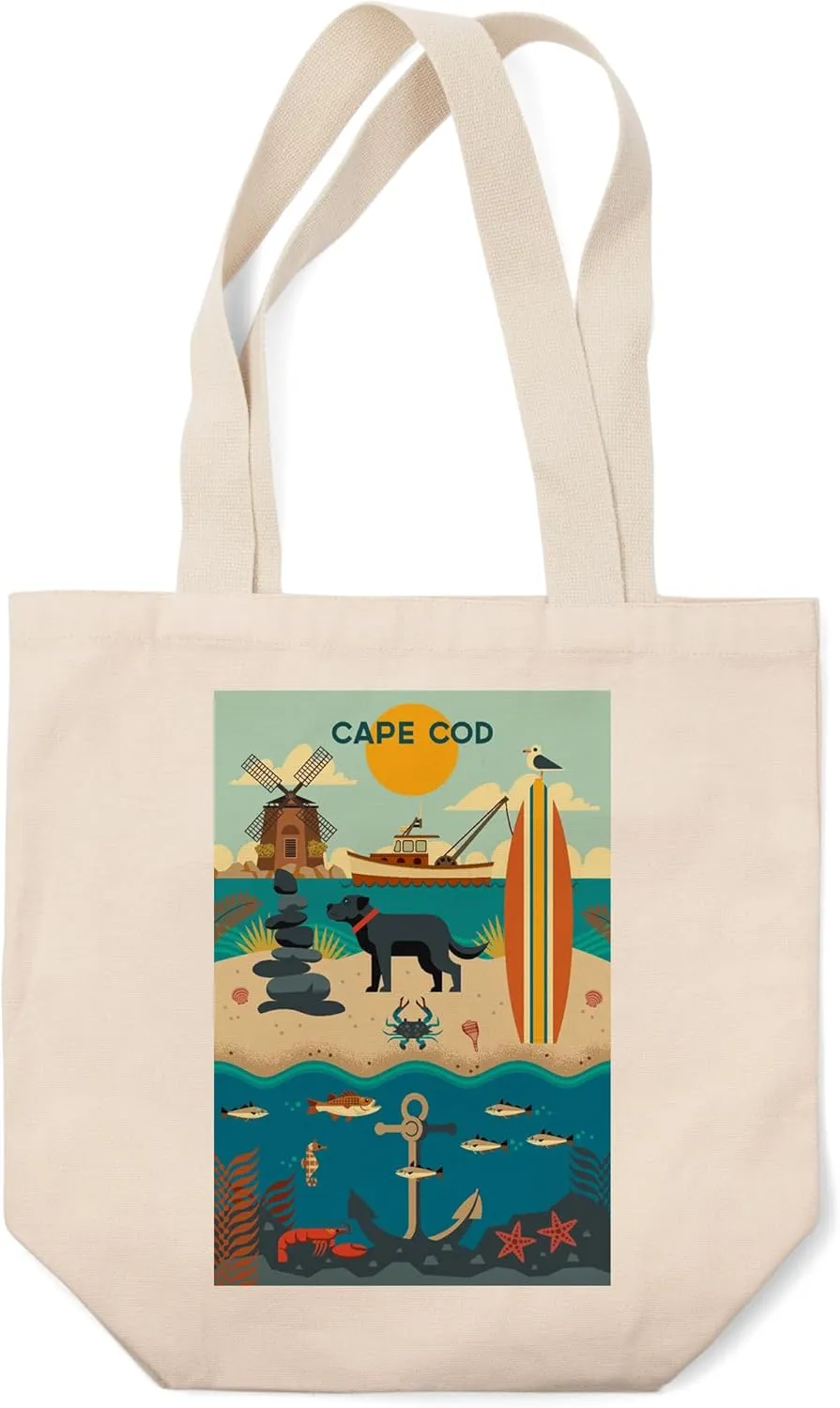 Lantern Press Cape Cod, Beach Geometric (100% Cotton Canvas Reusable Tote Bag)