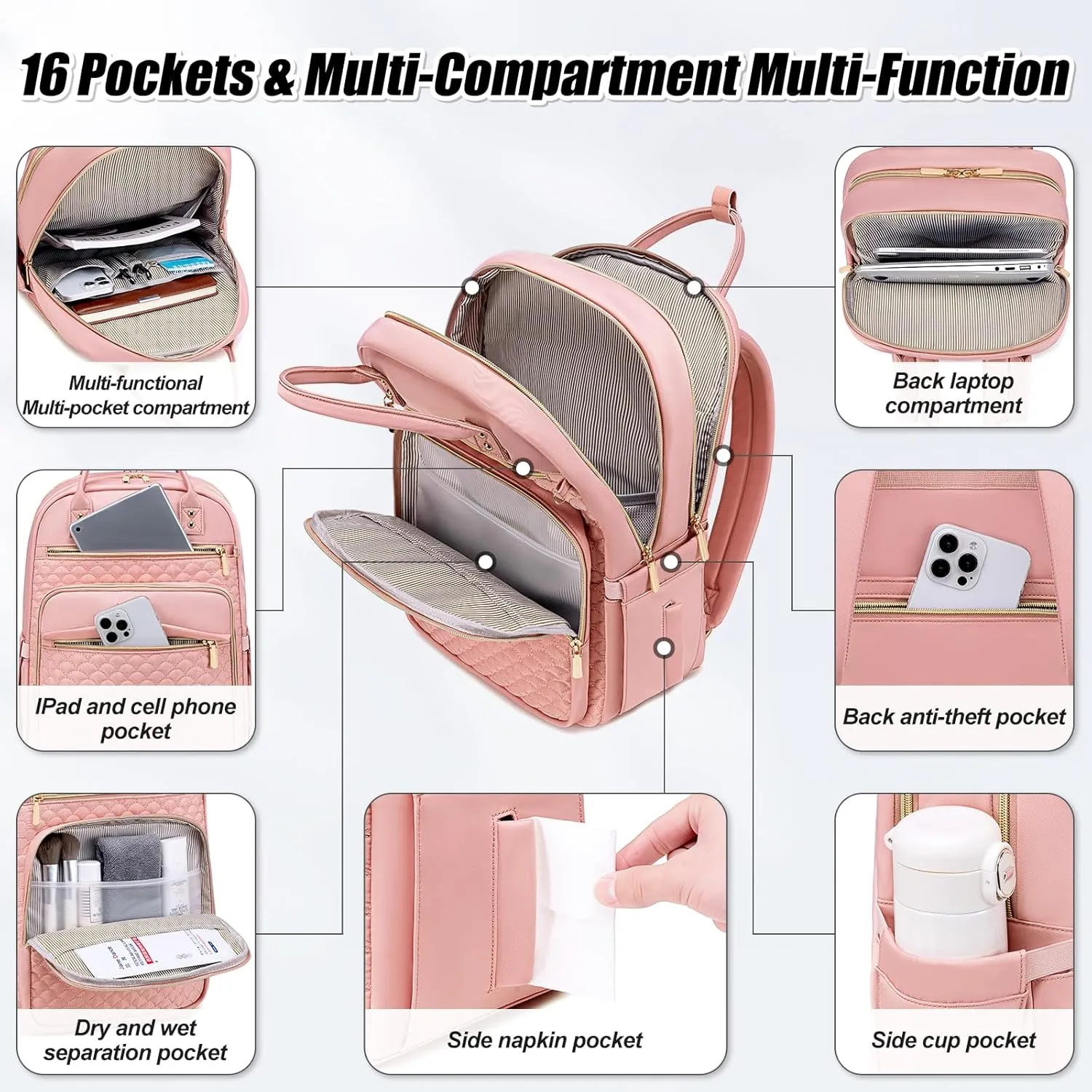 Laptop Backpack for Women,15.6 Inch Laptop Backpack for Work,Water Resistant Travel Backpack,College Bookbag with Wallet (Pink-1)