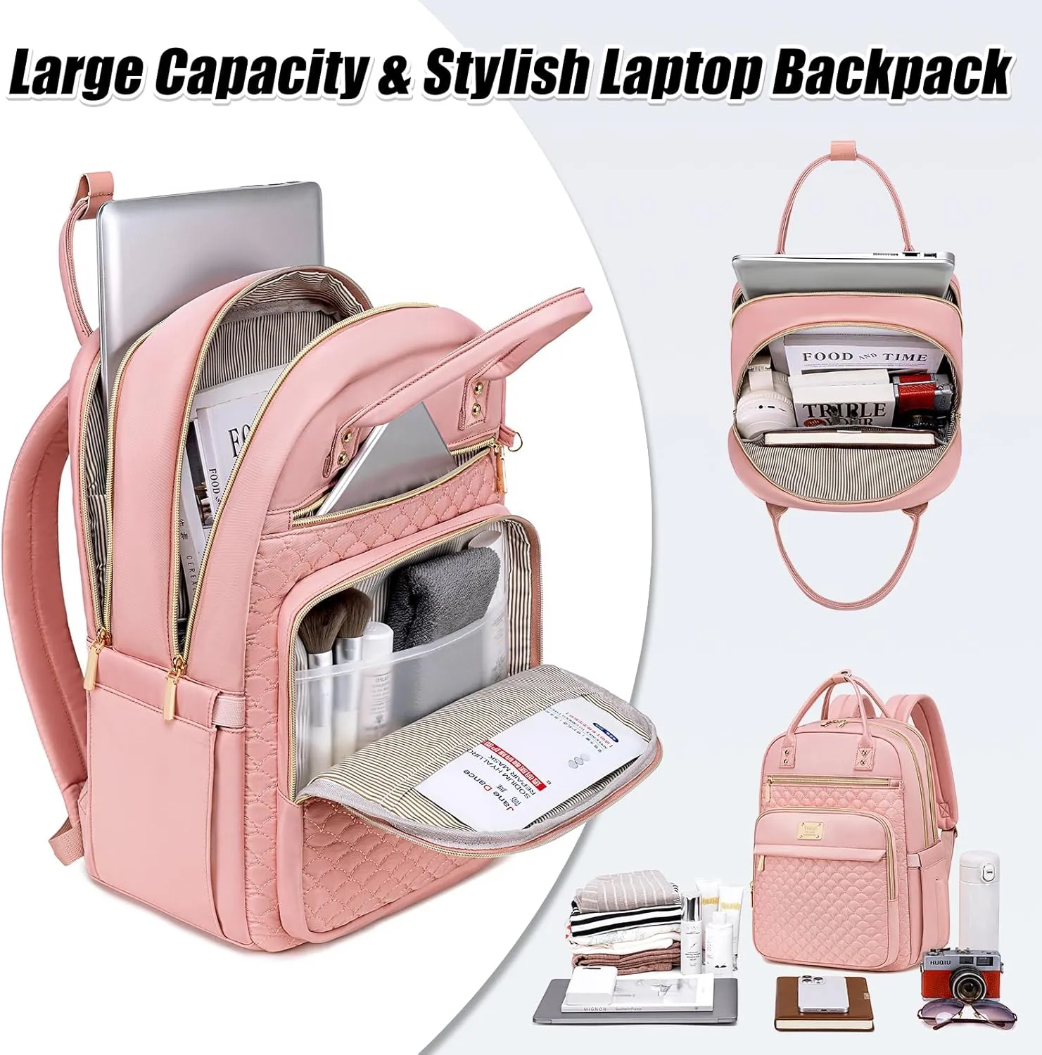 Laptop Backpack for Women,15.6 Inch Laptop Backpack for Work,Water Resistant Travel Backpack,College Bookbag with Wallet (Pink-1)