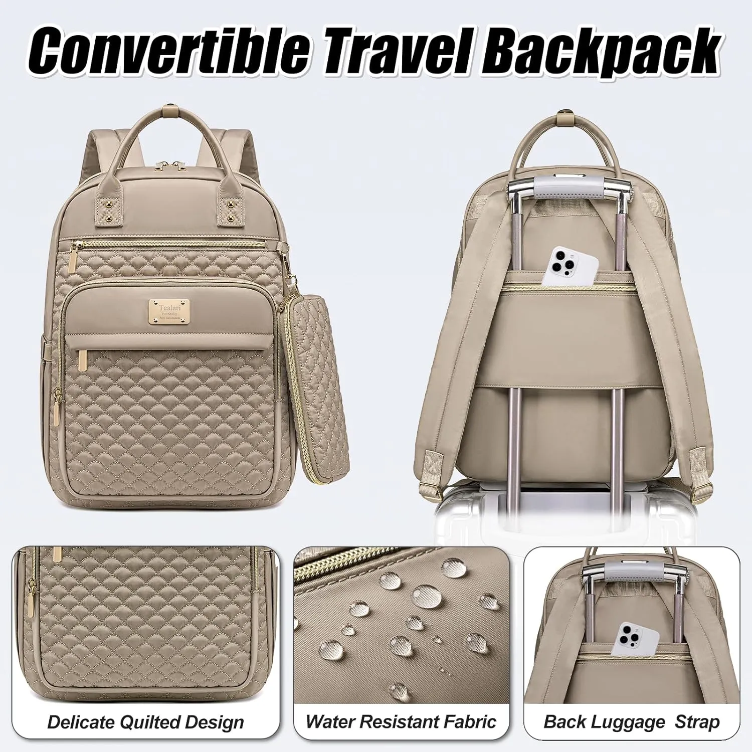 Laptop Backpack for Women,15.6 Inch Laptop Backpack for Work,Waterproof Travel Backpack,College Bookbag with Wallet (Khaki)