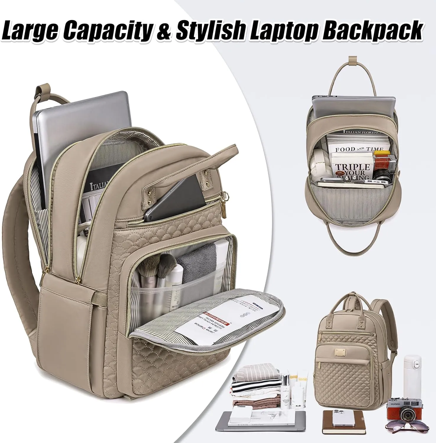 Laptop Backpack for Women,15.6 Inch Laptop Backpack for Work,Waterproof Travel Backpack,College Bookbag with Wallet (Khaki)