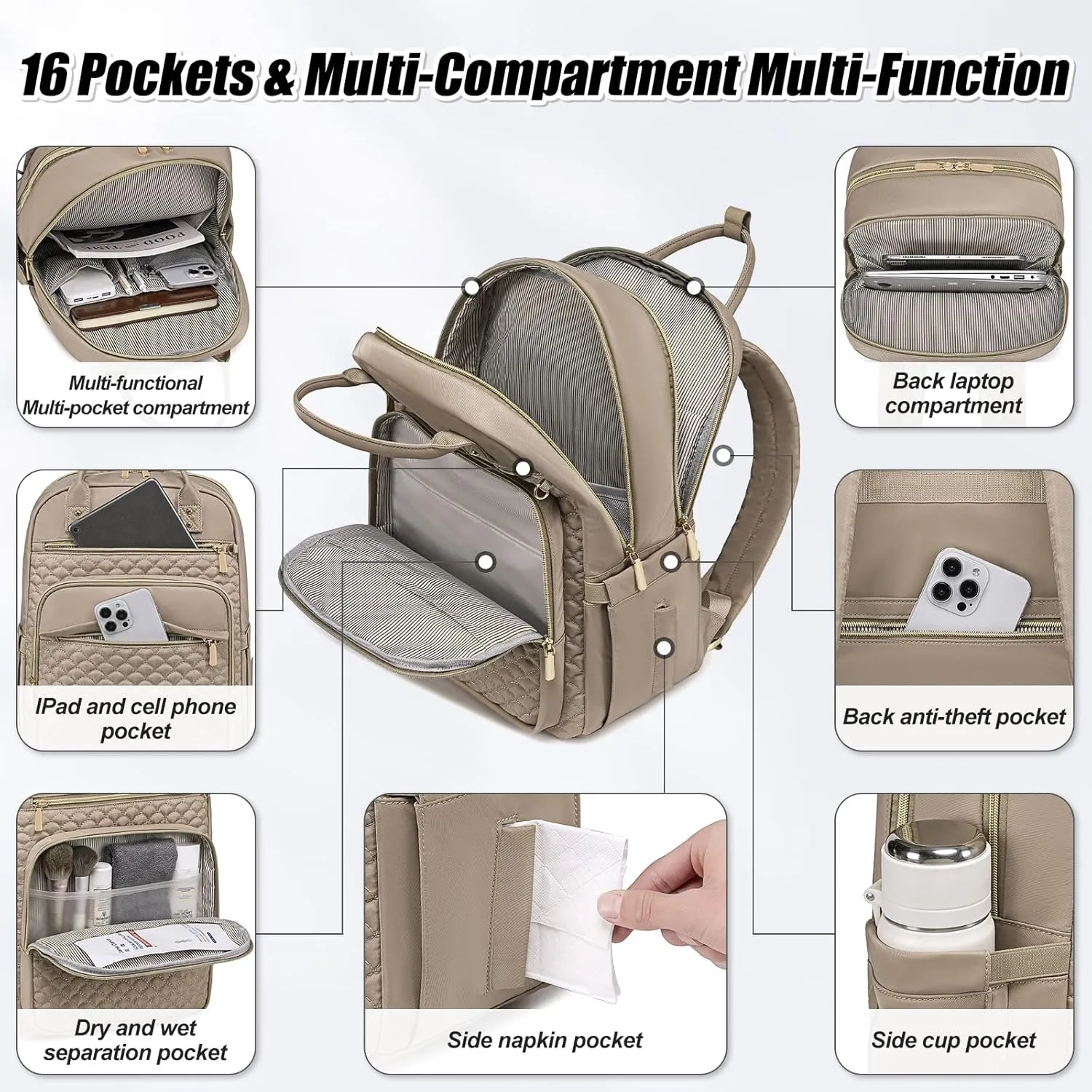 Laptop Backpack for Women,15.6 Inch Laptop Backpack for Work,Waterproof Travel Backpack,College Bookbag with Wallet (Khaki)