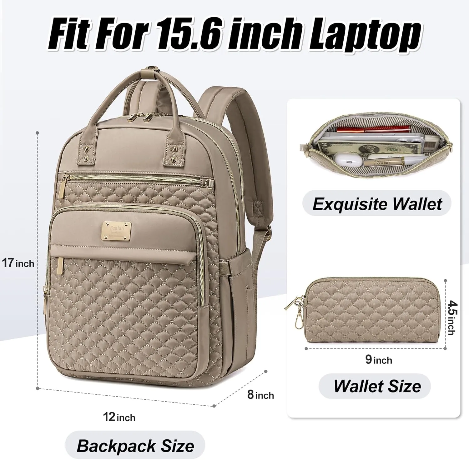 Laptop Backpack for Women,15.6 Inch Laptop Backpack for Work,Waterproof Travel Backpack,College Bookbag with Wallet (Khaki)