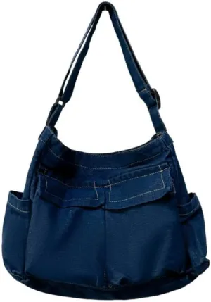Large Capacity Canvas Shoulder Bags Crossbody Bag Solid Soft Denim Leisure or Travel Bag for Women Tote Bag