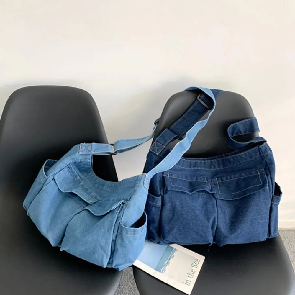 Large Capacity Canvas Shoulder Bags Crossbody Bag Solid Soft Denim Leisure or Travel Bag for Women Tote Bag
