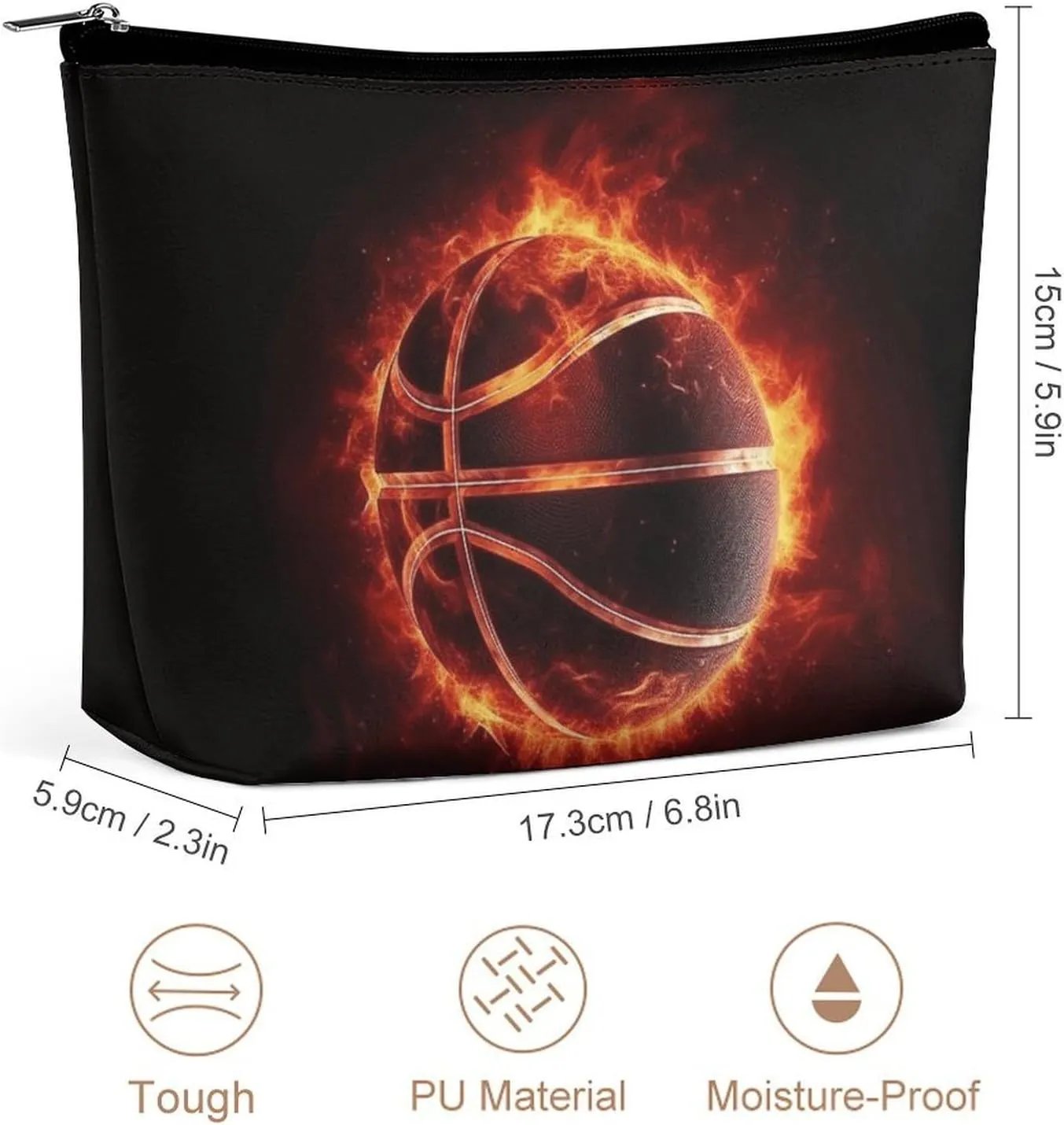 Large Capacity Makeup Bags for Women Portable Leather with Zipper Travelling Makeup Bag Basketball in Fire Printed