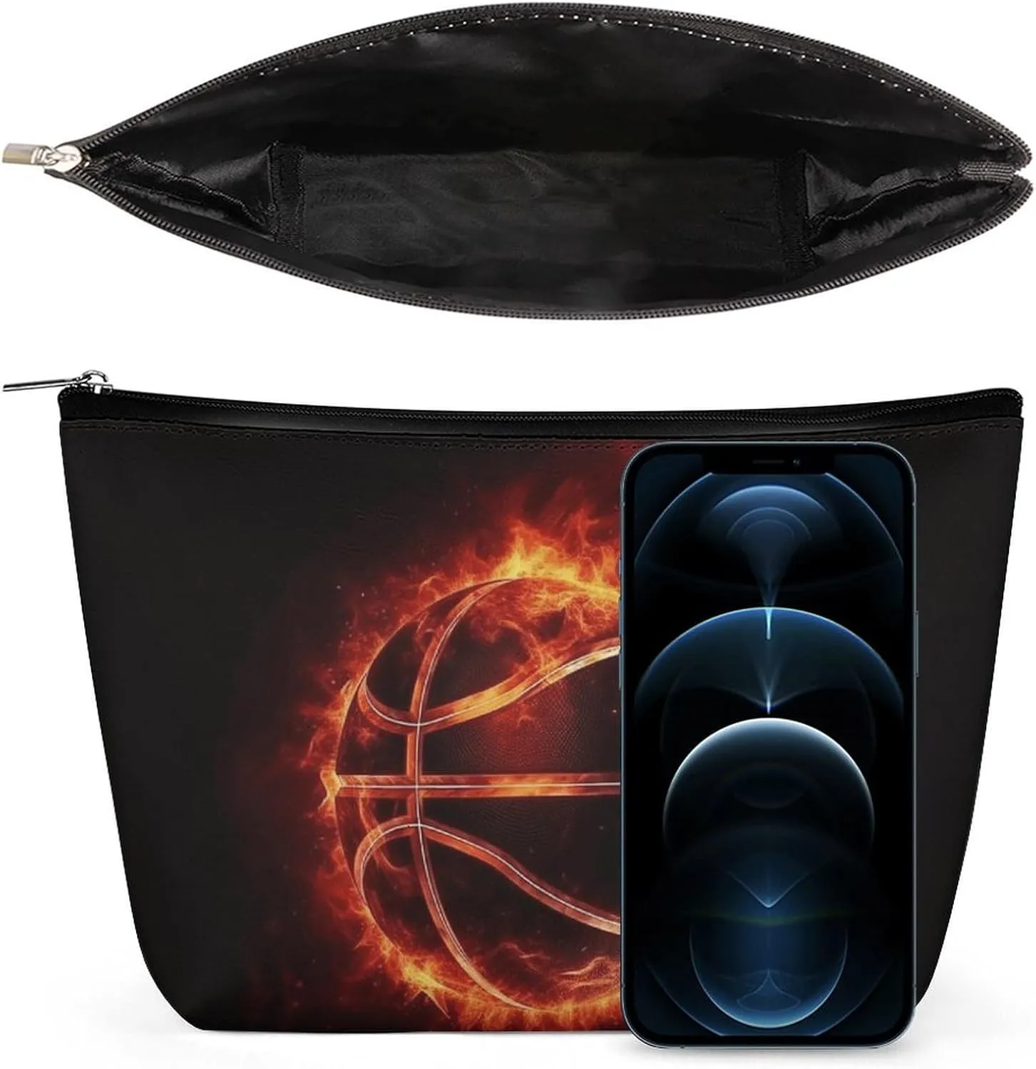 Large Capacity Makeup Bags for Women Portable Leather with Zipper Travelling Makeup Bag Basketball in Fire Printed