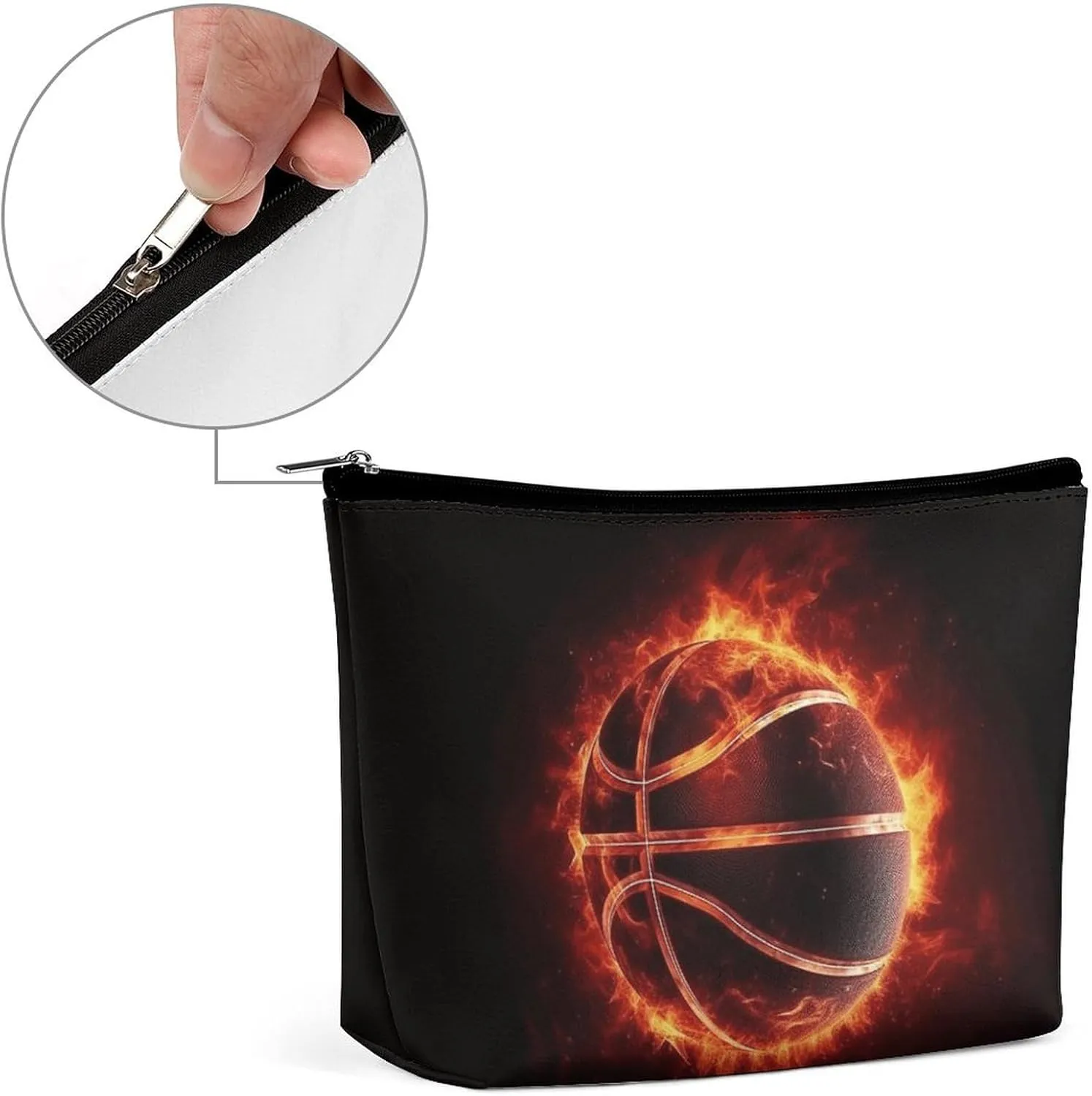 Large Capacity Makeup Bags for Women Portable Leather with Zipper Travelling Makeup Bag Basketball in Fire Printed
