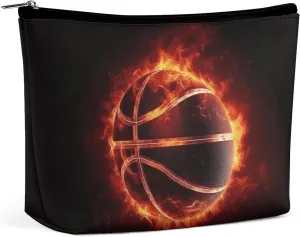 Large Capacity Makeup Bags for Women Portable Leather with Zipper Travelling Makeup Bag Basketball in Fire Printed