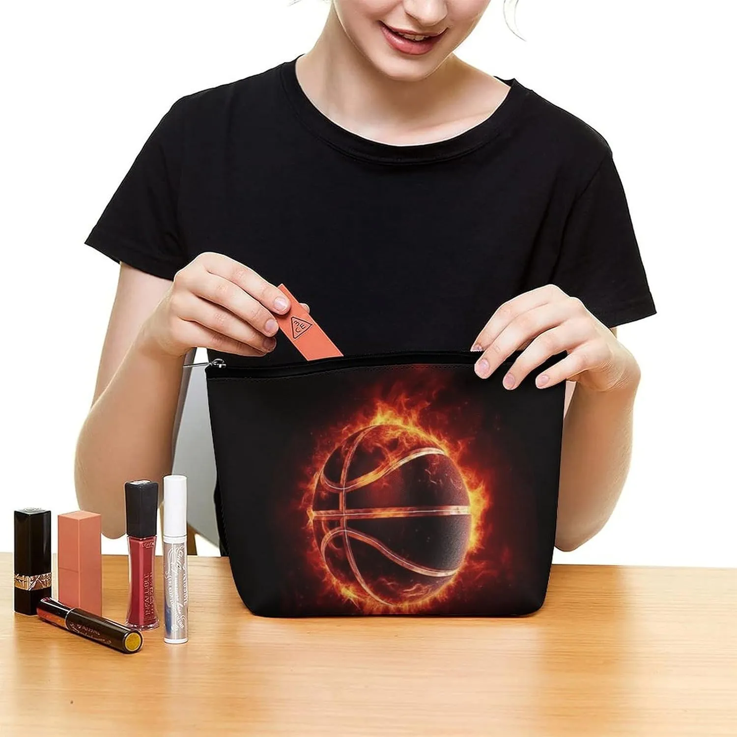 Large Capacity Makeup Bags for Women Portable Leather with Zipper Travelling Makeup Bag Basketball in Fire Printed