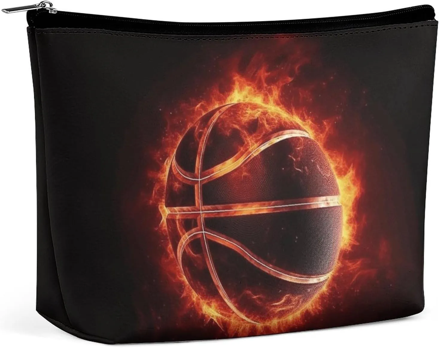 Large Capacity Makeup Bags for Women Portable Leather with Zipper Travelling Makeup Bag Basketball in Fire Printed