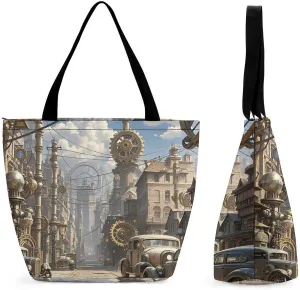 Large Capacity Tote Bag with Zipper Steampunk City Women Handbag with Handles Ladies Shoulder Bag with Compartments Beach Bag Shopping Bags for Travel Work
