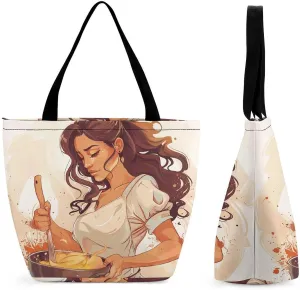 Large Capacity Tote Bag with Zipper Woman Cooking Depiction Women Handbag with Handles Ladies Shoulder Bag with Compartments Beach Bag Shopping Bags for Travel Work