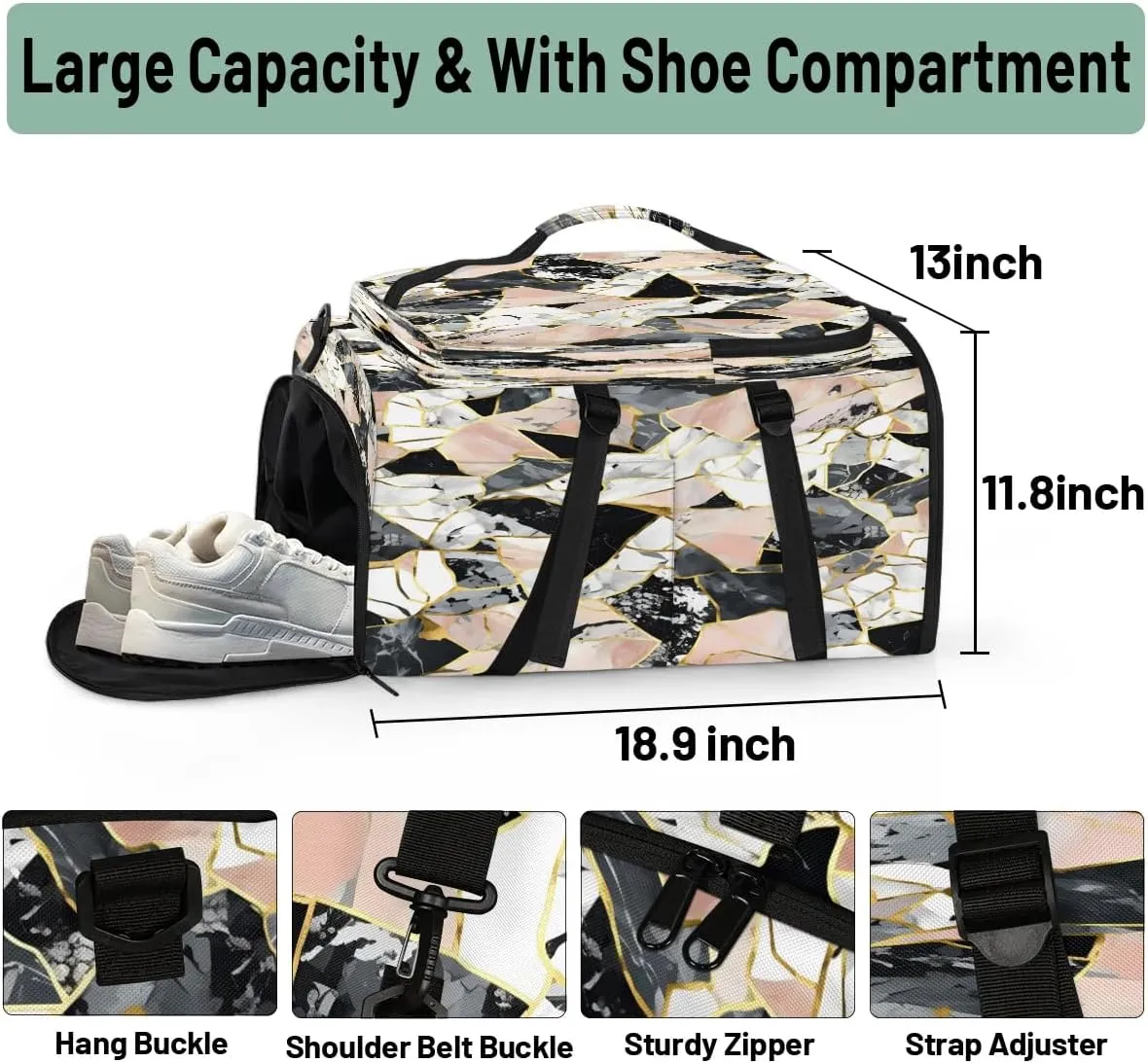 Large Carry on Backpack for Women Men Multi-function Gym Duffle Bag Beautiful Marble Printed Backpack Polyester Waterproof Duffel Bags