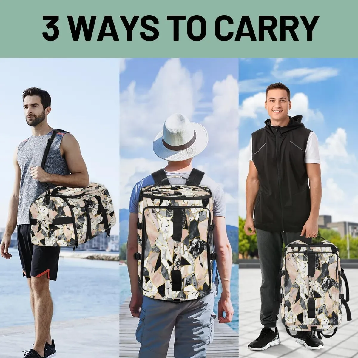 Large Carry on Backpack for Women Men Multi-function Gym Duffle Bag Beautiful Marble Printed Backpack Polyester Waterproof Duffel Bags