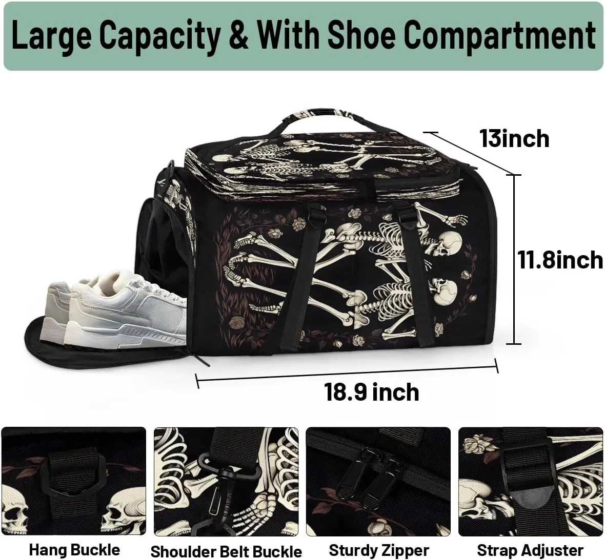 Large Carry on Backpack for Women Men Multi-function Gym Duffle Bag Skeletons Backpack Polyester Waterproof Duffel Bags