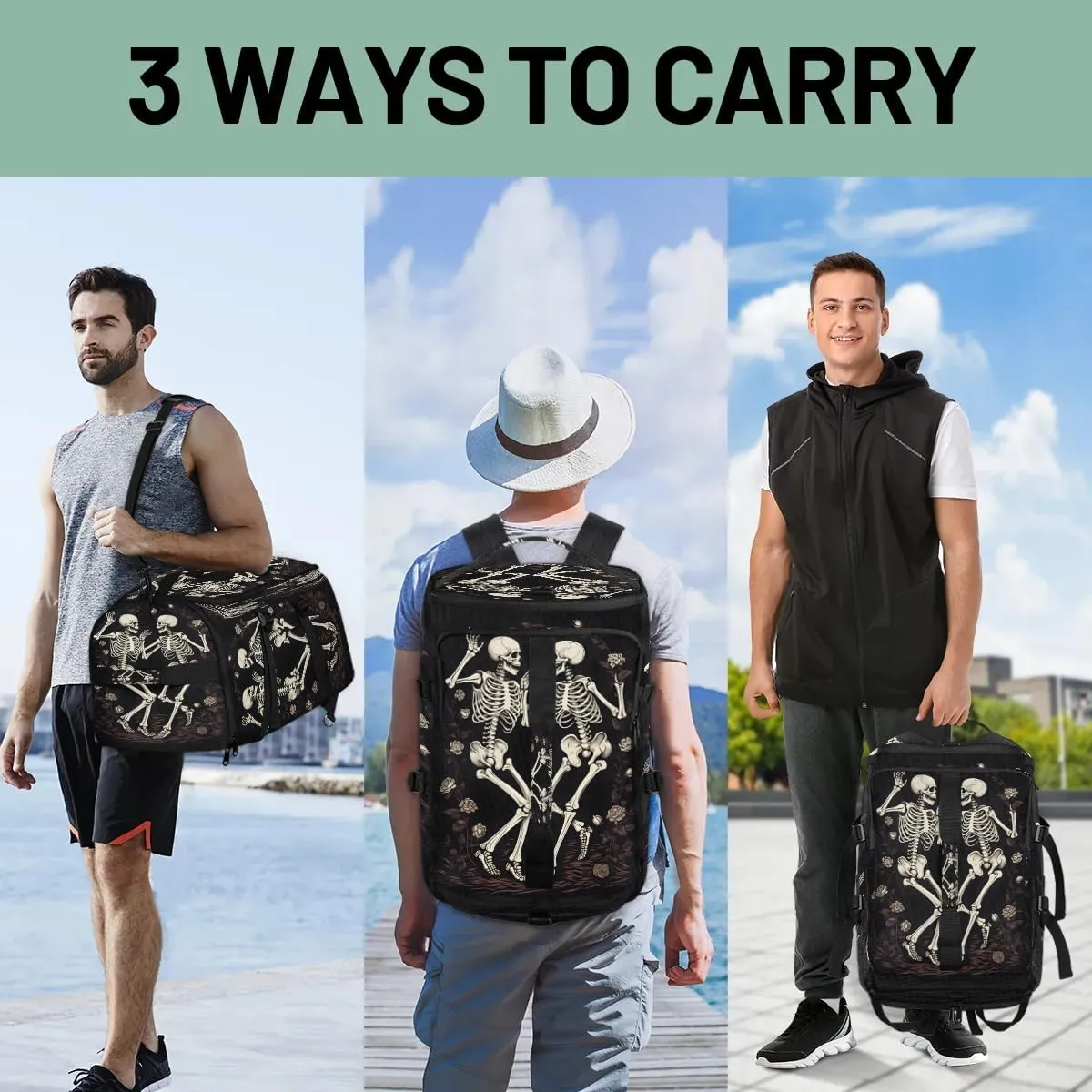 Large Carry on Backpack for Women Men Multi-function Gym Duffle Bag Skeletons Backpack Polyester Waterproof Duffel Bags
