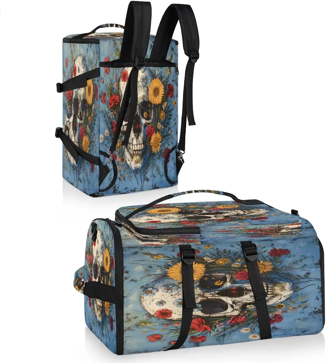 Large Carry on Backpack for Women Men Multi-function Gym Duffle Bag Skull Flower Backpack Polyester Waterproof Duffel Bags