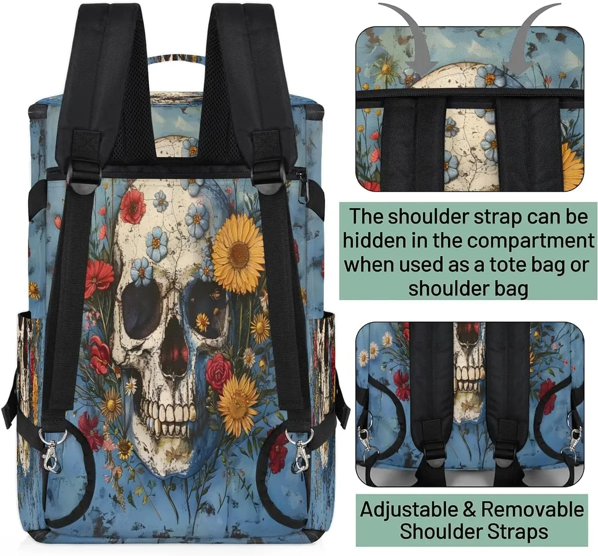 Large Carry on Backpack for Women Men Multi-function Gym Duffle Bag Skull Flower Backpack Polyester Waterproof Duffel Bags