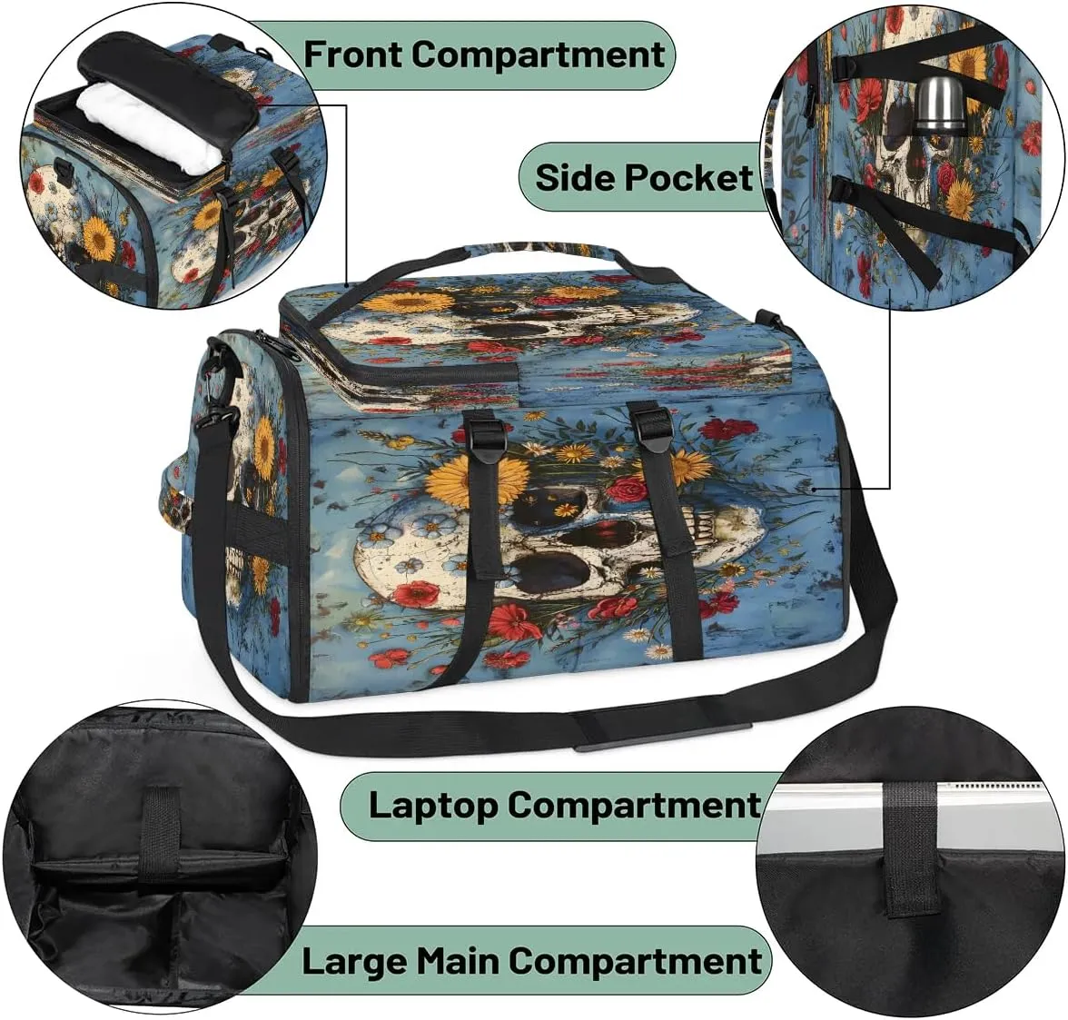 Large Carry on Backpack for Women Men Multi-function Gym Duffle Bag Skull Flower Backpack Polyester Waterproof Duffel Bags