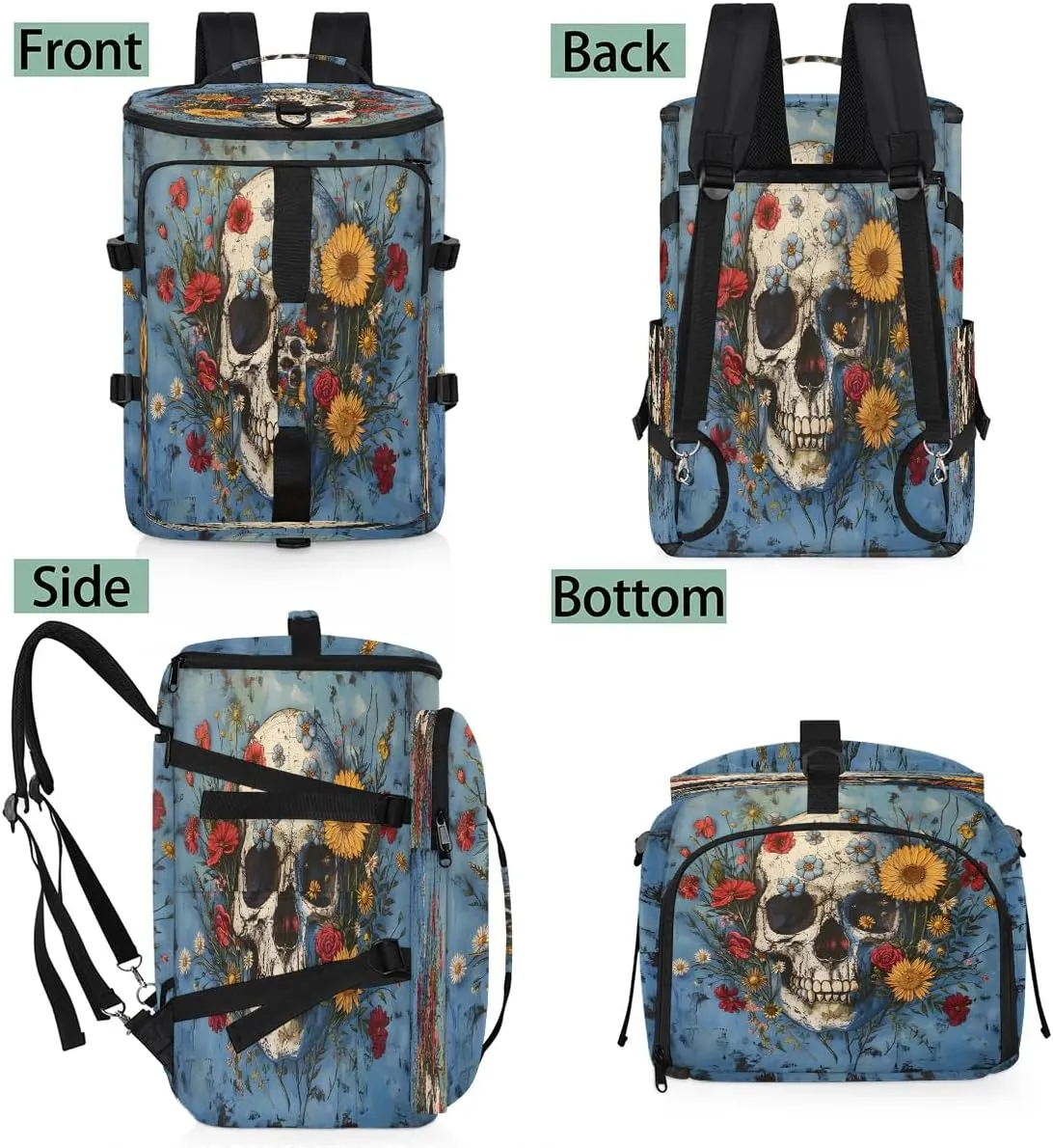 Large Carry on Backpack for Women Men Multi-function Gym Duffle Bag Skull Flower Backpack Polyester Waterproof Duffel Bags