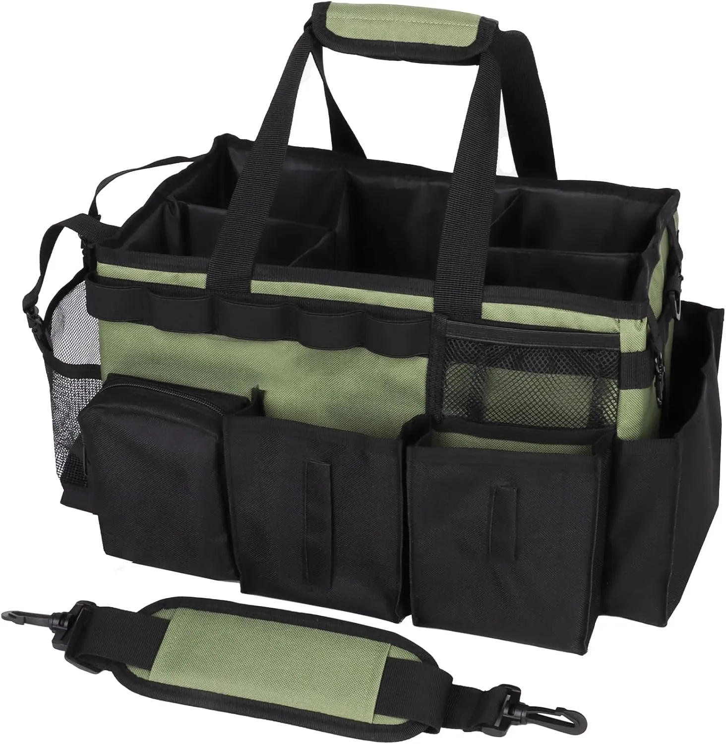 Large Cleaning Caddy Bag, Green, 5 Compartments, Shoulder Strap, Professional Cleaning Organizer