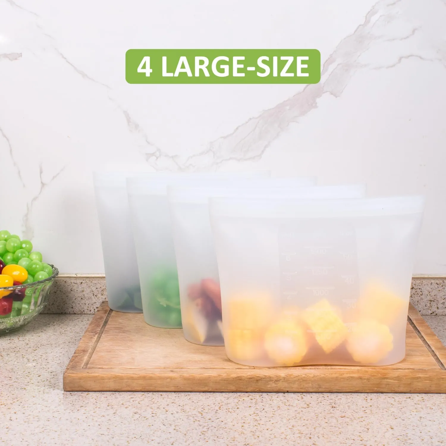 Large Reusable Food Bags 4 Pack, 1.5 Quart(50.7fl.oz) 100% Silicone Storage Bags Stand Up Zip Silicone Food Container, Freezer Microwave Oven Dishwasher Safe, Translucent