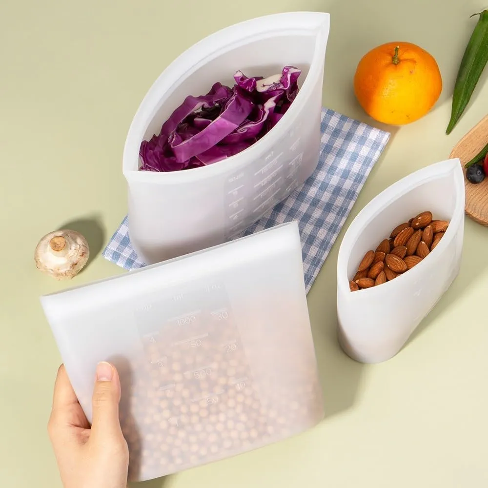 Large Reusable Food Bags 4 Pack, 1.5 Quart(50.7fl.oz) 100% Silicone Storage Bags Stand Up Zip Silicone Food Container, Freezer Microwave Oven Dishwasher Safe, Translucent