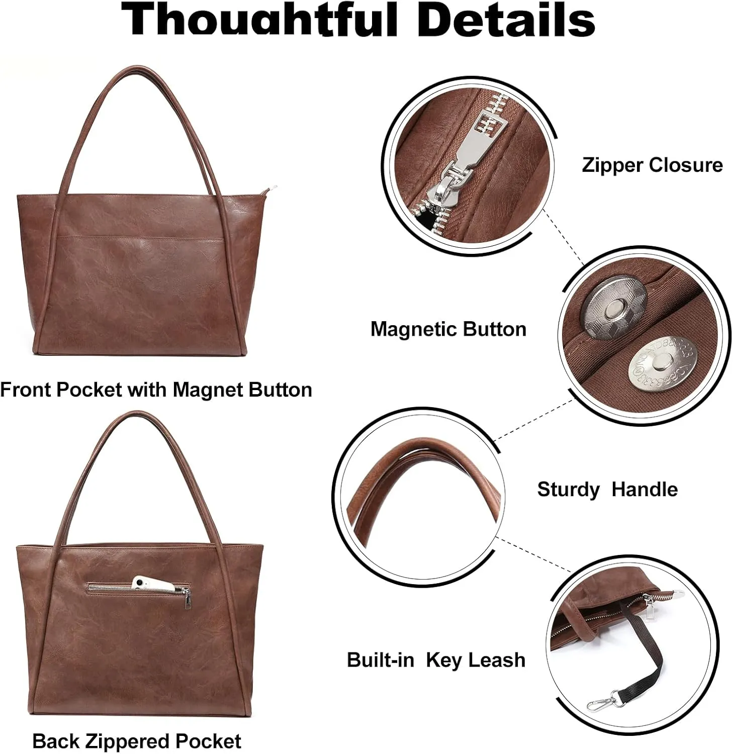 Large Tote Bag for Women Work with Zipper 16L Vegan Leather Ladies Travel Purses and Handbags