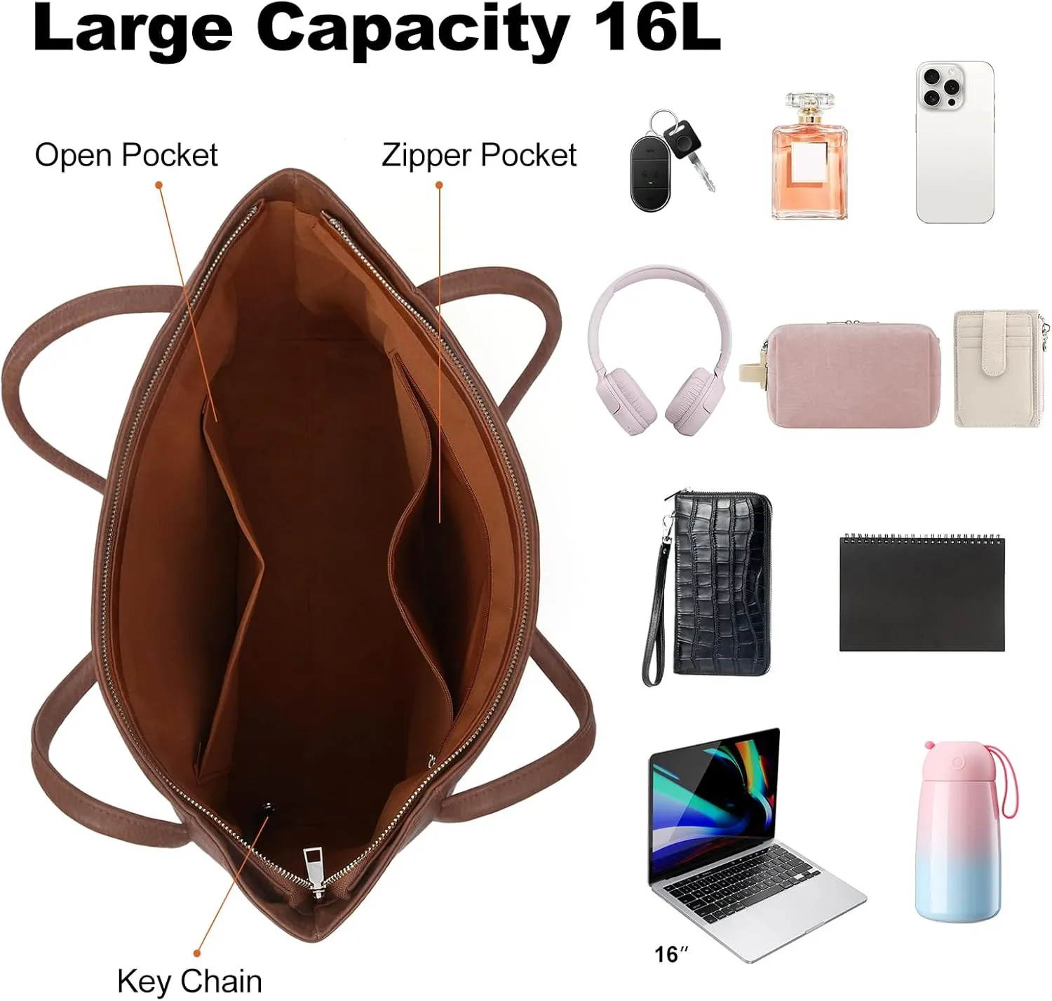 Large Tote Bag for Women Work with Zipper 16L Vegan Leather Ladies Travel Purses and Handbags