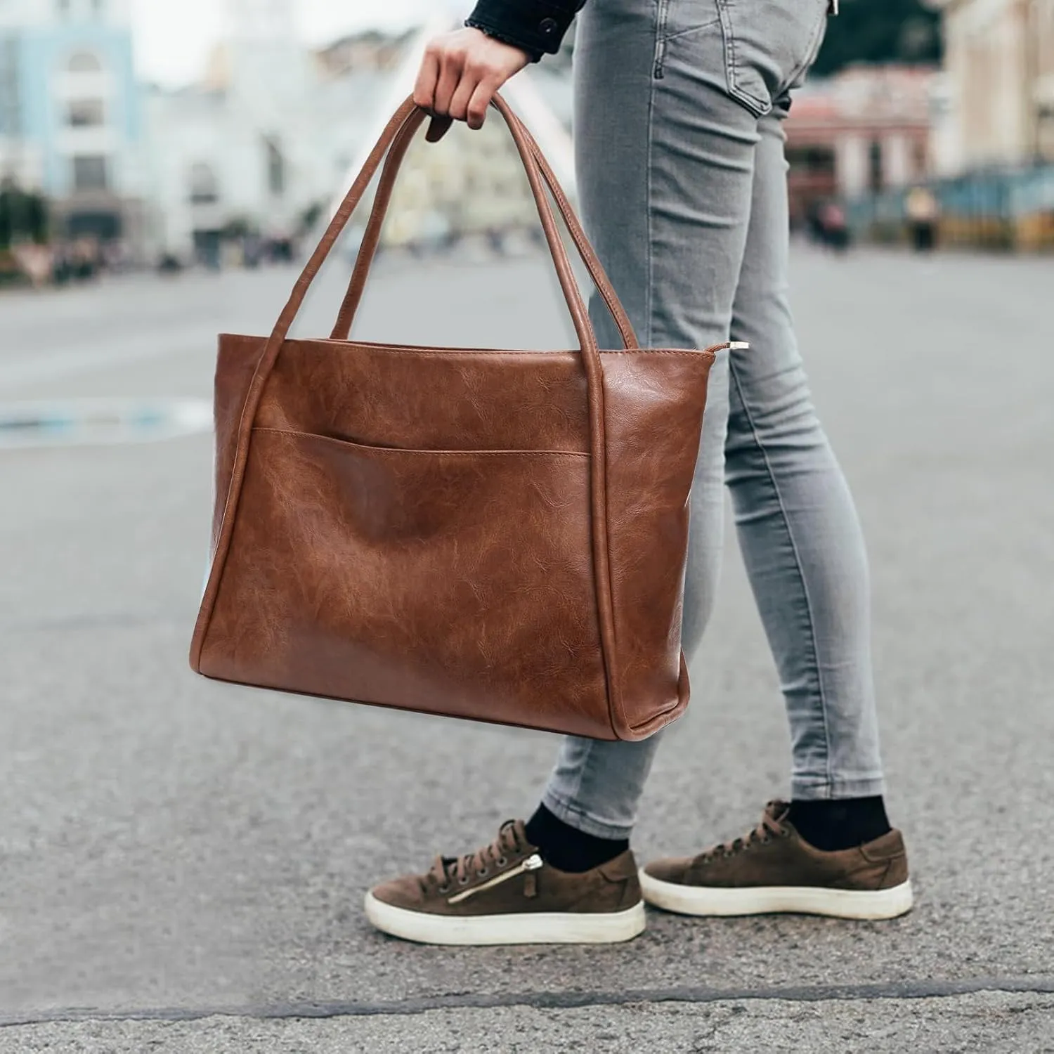 Large Tote Bag for Women Work with Zipper 16L Vegan Leather Ladies Travel Purses and Handbags