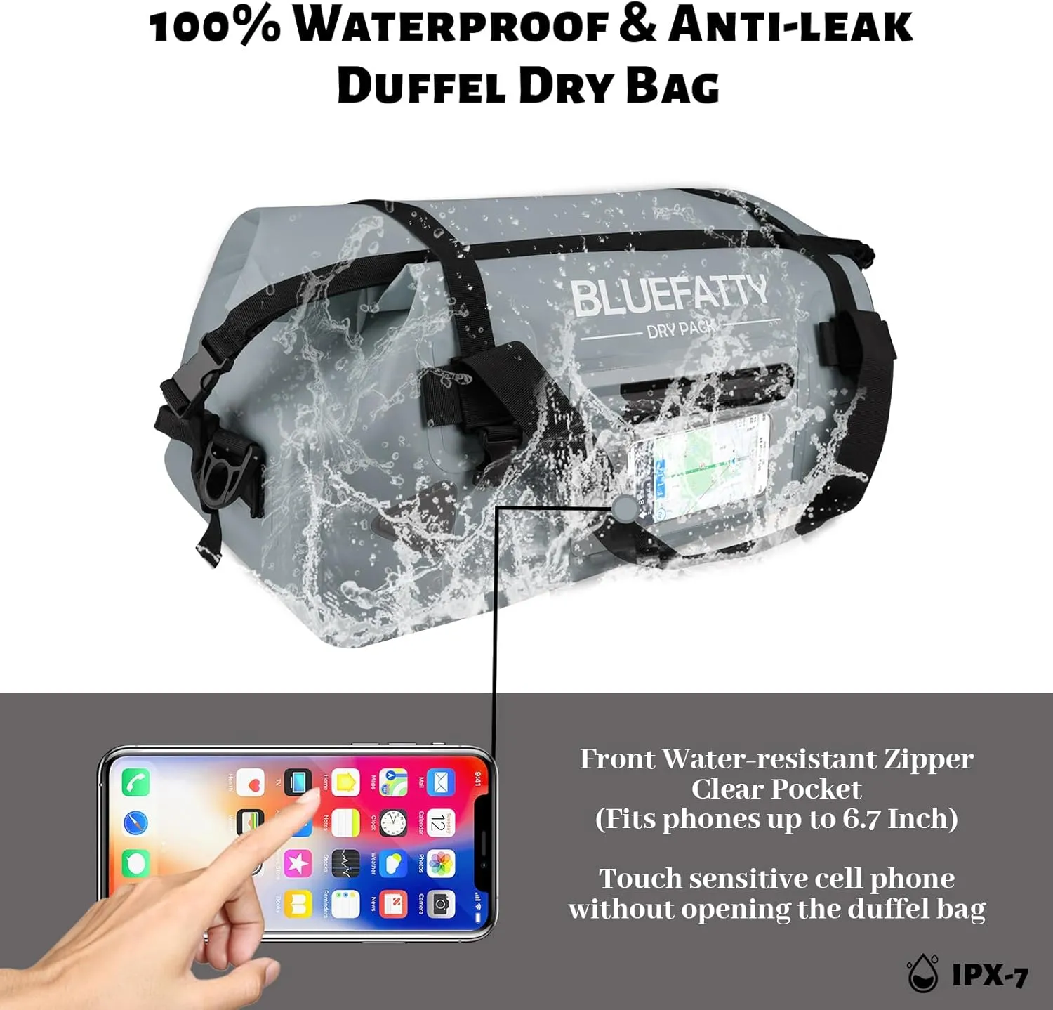 Large Waterproof Duffel Bag Roll-top Heavy Duty Dry Duffle Bags for Motorcycling, Rafting, Boating, SUP, Kayaking, Travel, 70L(Grey)