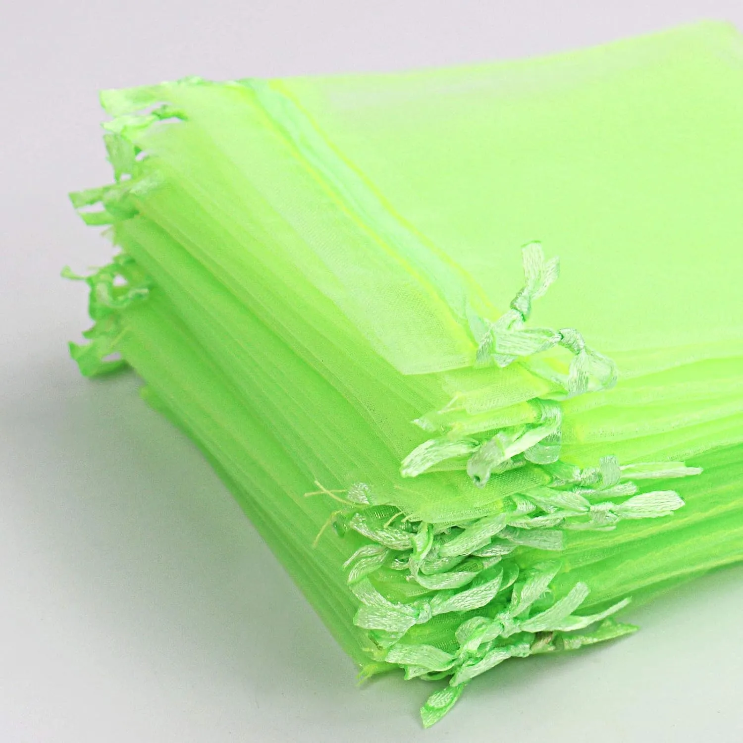 Lautechco 100Pcs Organza Bags - 8x12 inches Light Green Mesh Drawstring Gift Bags for Christmas
