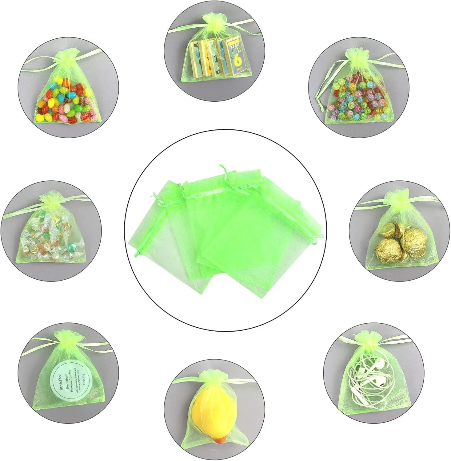 Lautechco 100Pcs Organza Bags - 8x12 inches Light Green Mesh Drawstring Gift Bags for Christmas