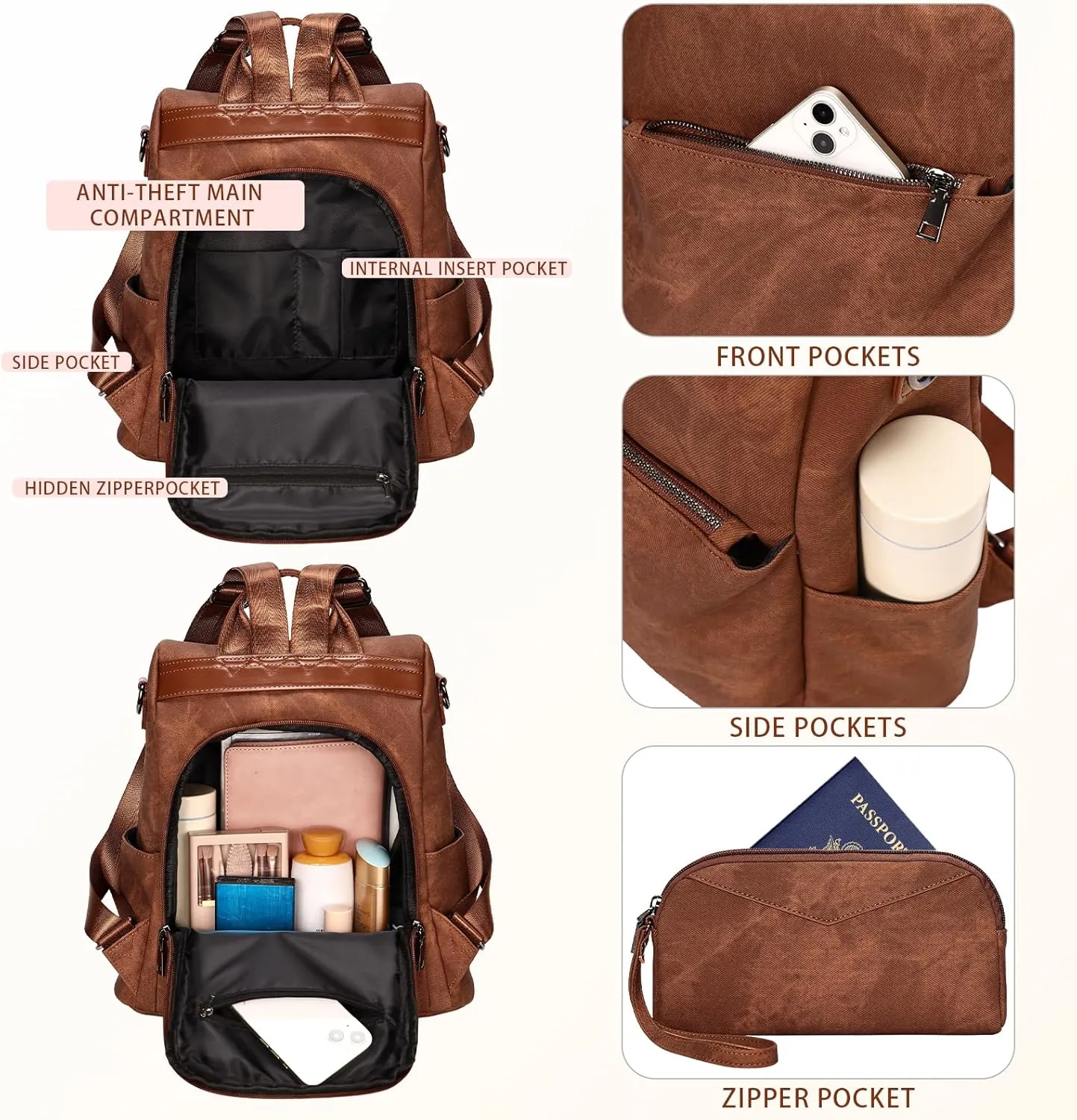 Leathario Women Backpack Purse Anti-Theft Vegan Leather Small Casual Daypack Shoulder Mini Bookbag for College Travel Work