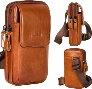 Leather Genuine Leather Sling Bag for Men, Leather Cell Phone Holster, Magnetic Mens Crossbody Purse, Dual Pocket Universal Smartphone Pouch Bag, Zipper Storage Phone Bag for Work,Hike