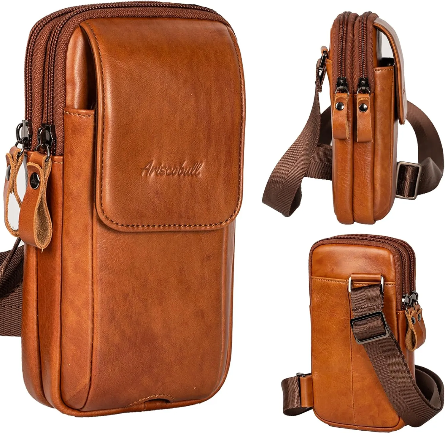 Leather Genuine Leather Sling Bag for Men, Leather Cell Phone Holster, Magnetic Mens Crossbody Purse, Dual Pocket Universal Smartphone Pouch Bag, Zipper Storage Phone Bag for Work,Hike