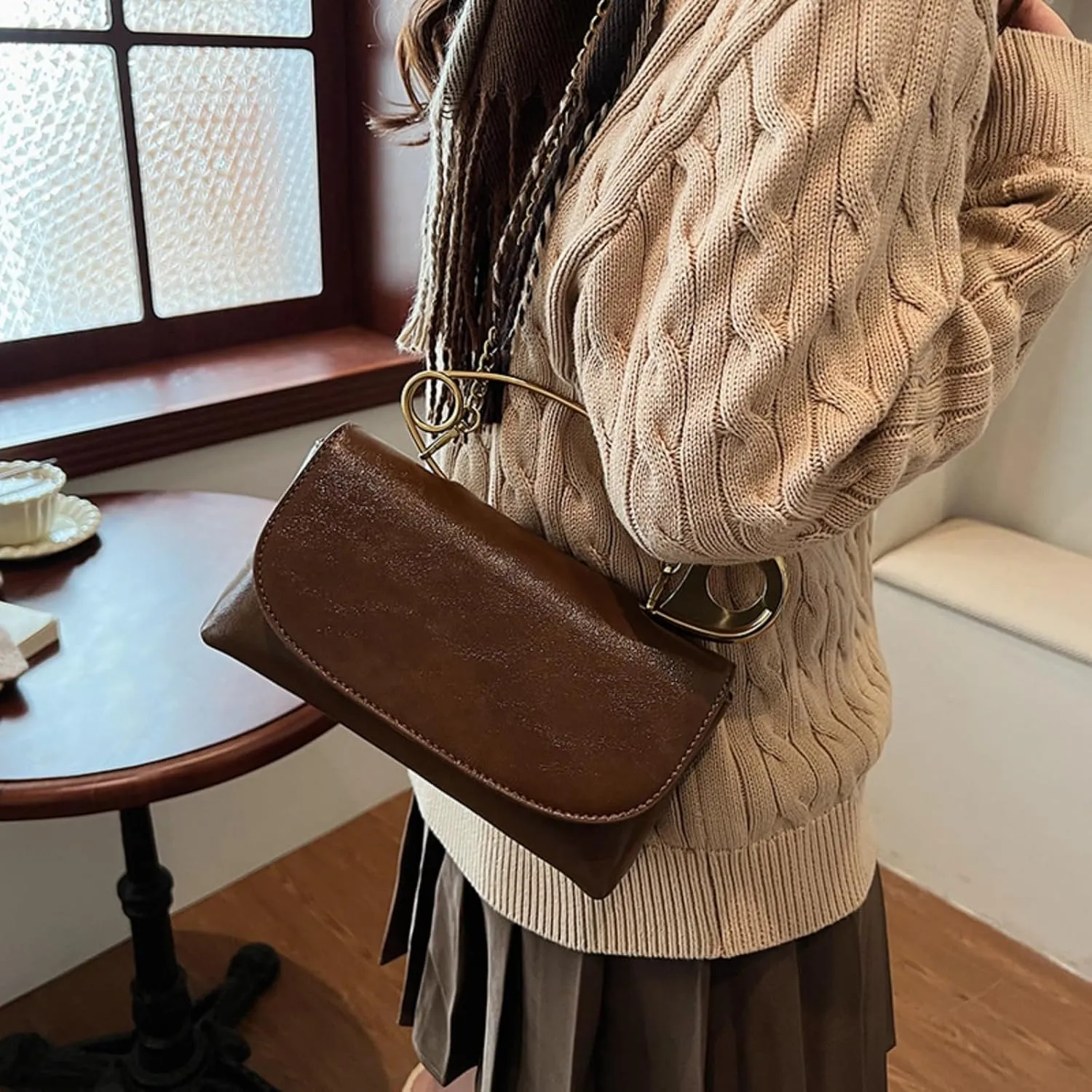 Leather Shoulder Bag for Women, Designer Flap Handbag with Chain, Crossbody Bag Purse Satchel Clutch