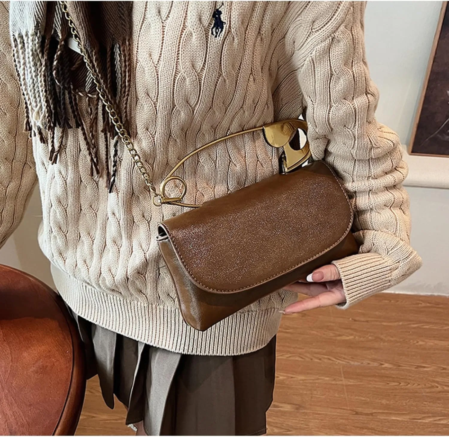 Leather Shoulder Bag for Women, Designer Flap Handbag with Chain, Crossbody Bag Purse Satchel Clutch