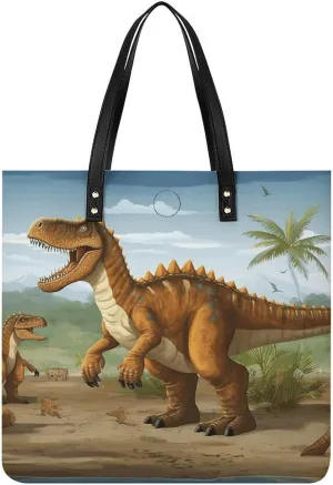 Leather Tote Bag, Jurassic Period Dinosaur Print Women's Leather Handbag Fashion Leather Handbag Durable Leather Bag Stylish Tote Bag