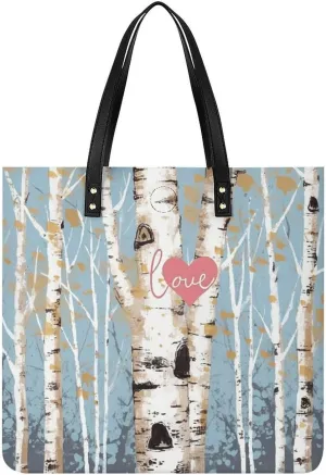 Leather Tote Bag, Love Birch Tree Print Women's Leather Handbag Fashion Leather Handbag Durable Leather Bag Stylish Tote Bag