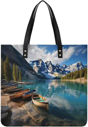 Leather Tote Bag, Moraine Lake Canoes Print Women's Leather Handbag Fashion Leather Handbag Durable Leather Bag Stylish Tote Bag
