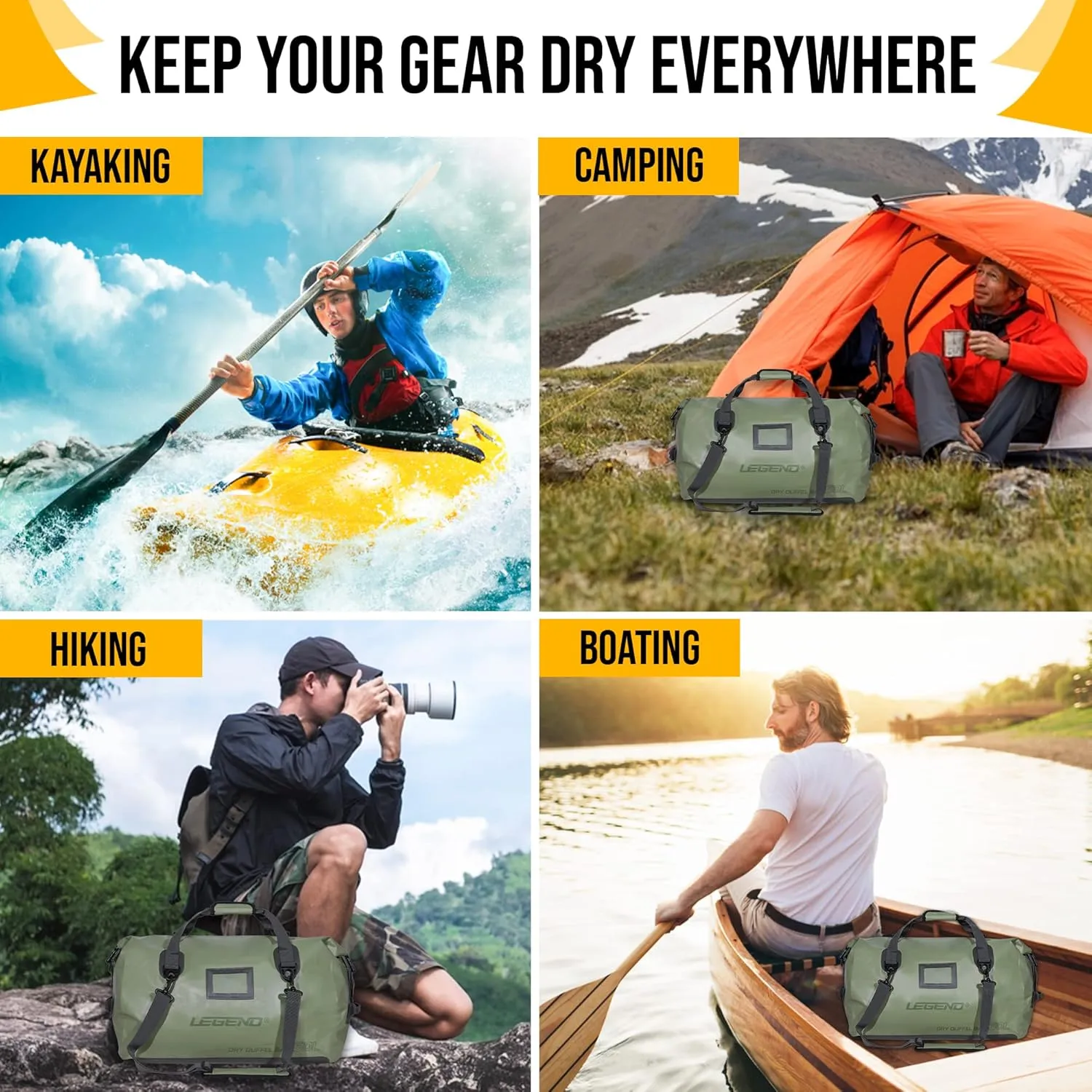LEGEND Waterproof Duffel Bag - Heavy Duty Duffle Bag for Outdoor, Camping, Boating & Travel, Premium PVC Dry Duffel Bag, Motorcycle Dry Bag with Durable Strap & Handles with Large Storage - 40L Green