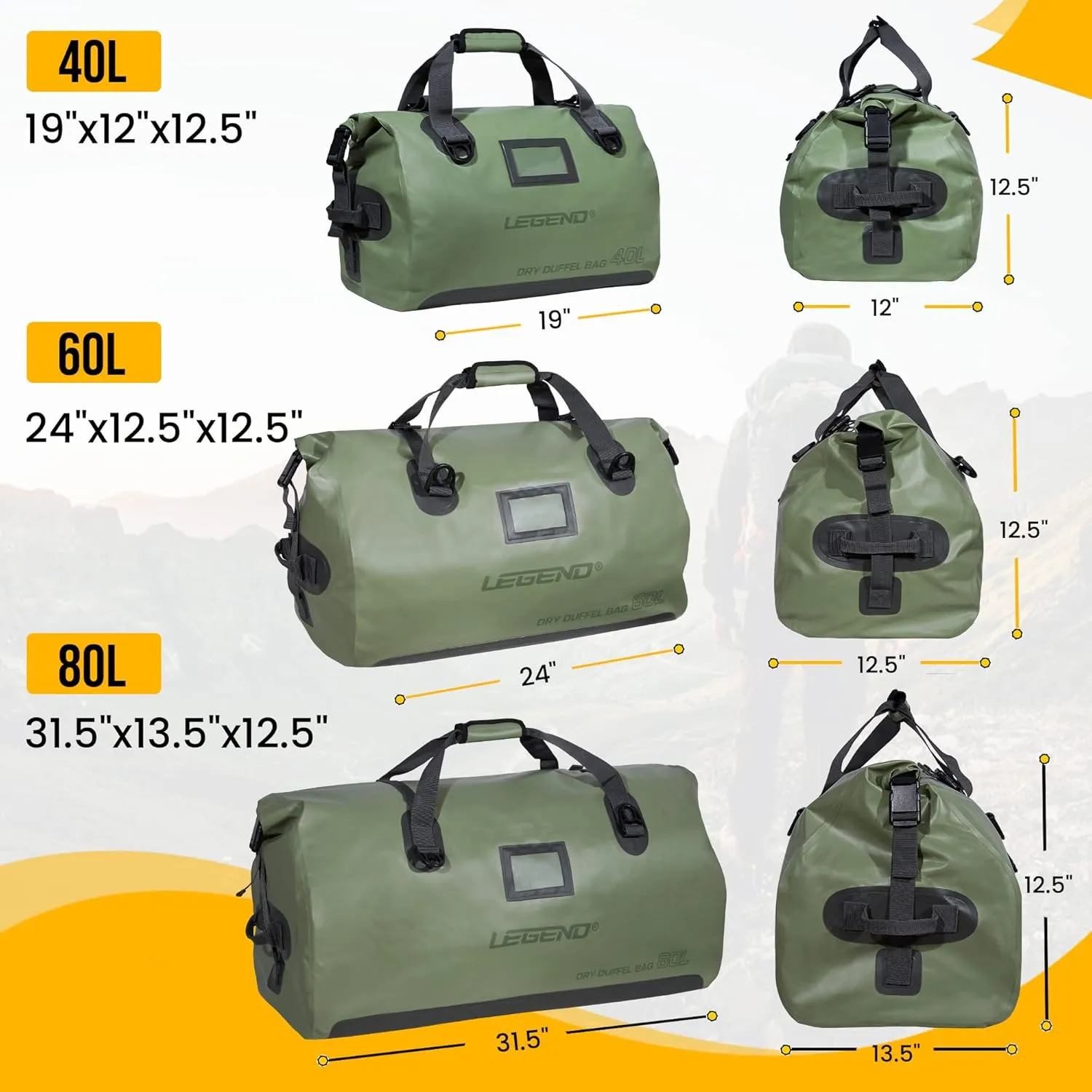 LEGEND Waterproof Duffel Bag - Heavy Duty Duffle Bag for Outdoor, Camping, Boating & Travel, Premium PVC Dry Duffel Bag, Motorcycle Dry Bag with Durable Strap & Handles with Large Storage - 40L Green