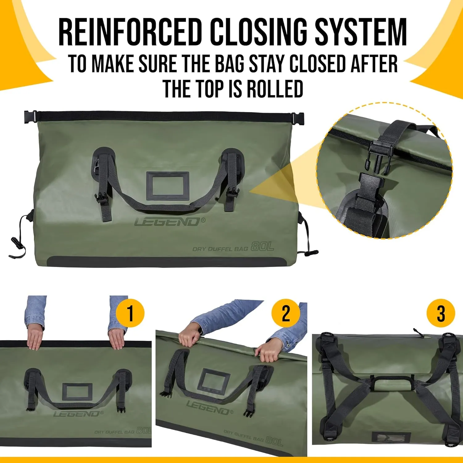LEGEND Waterproof Duffel Bag - Heavy Duty Duffle Bag for Outdoor, Camping, Boating & Travel, Premium PVC Dry Duffel Bag, Motorcycle Dry Bag with Durable Strap & Handles with Large Storage - 40L Green