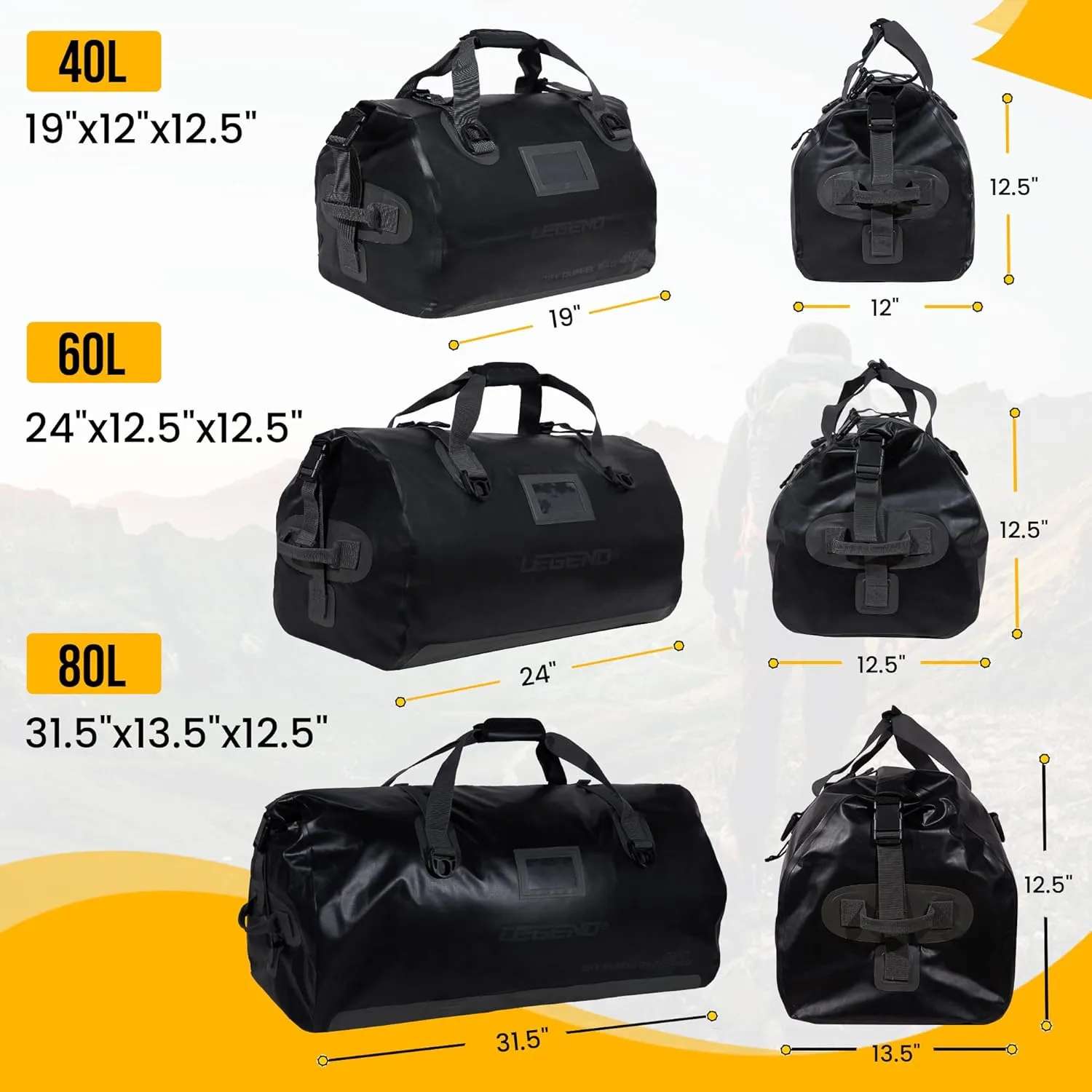 LEGEND Waterproof Duffel Bag - Heavy Duty Duffle Bag for Outdoor, Camping, Boating & Travel, Premium PVC Dry Duffel Bag, Motorcycle Dry Bag with Durable Strap & Handles with Large Storage - 80L Black