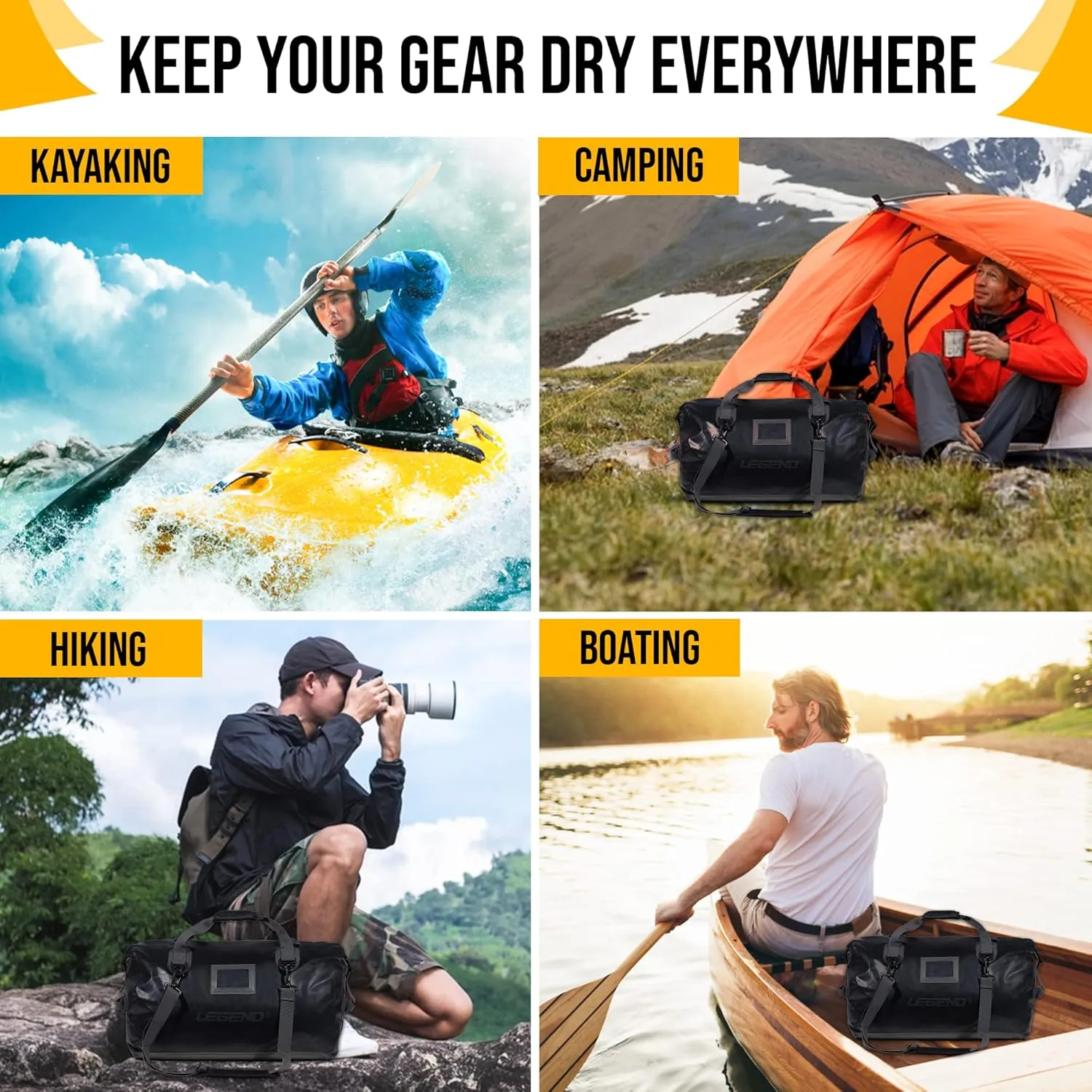 LEGEND Waterproof Duffel Bag - Heavy Duty Duffle Bag for Outdoor, Camping, Boating & Travel, Premium PVC Dry Duffel Bag, Motorcycle Dry Bag with Durable Strap & Handles with Large Storage - 80L Black