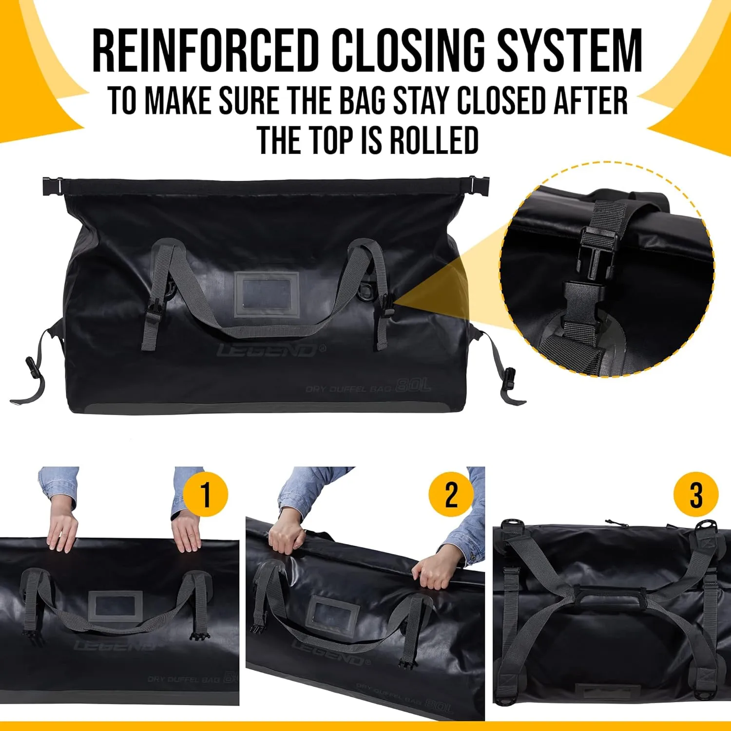 LEGEND Waterproof Duffel Bag - Heavy Duty Duffle Bag for Outdoor, Camping, Boating & Travel, Premium PVC Dry Duffel Bag, Motorcycle Dry Bag with Durable Strap & Handles with Large Storage - 80L Black