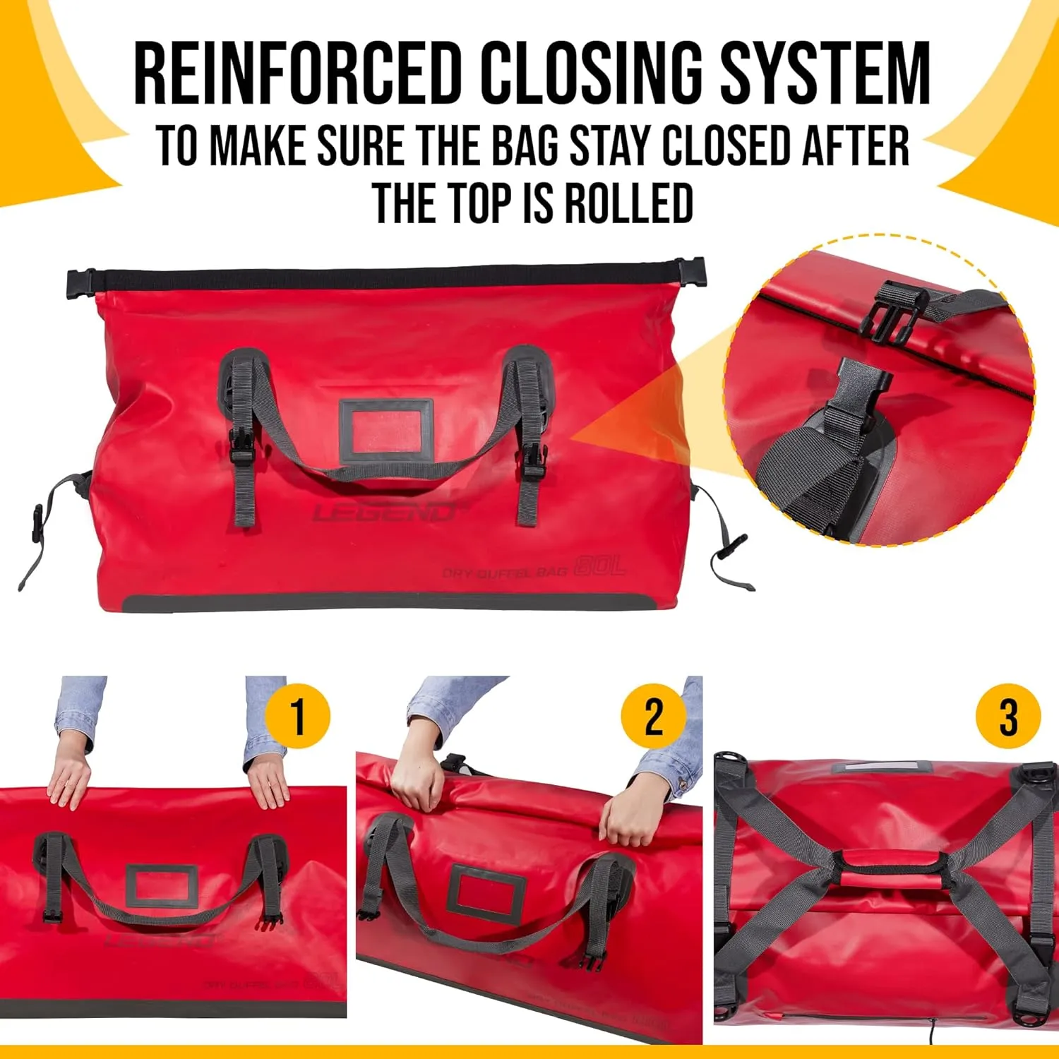 LEGEND Waterproof Duffel Bag - Heavy Duty Duffle Bag for Outdoor, Camping, Boating & Travel, Premium PVC Dry Duffel Bag, Motorcycle Dry Bag with Durable Strap & Handles with Large Storage - 80L Red