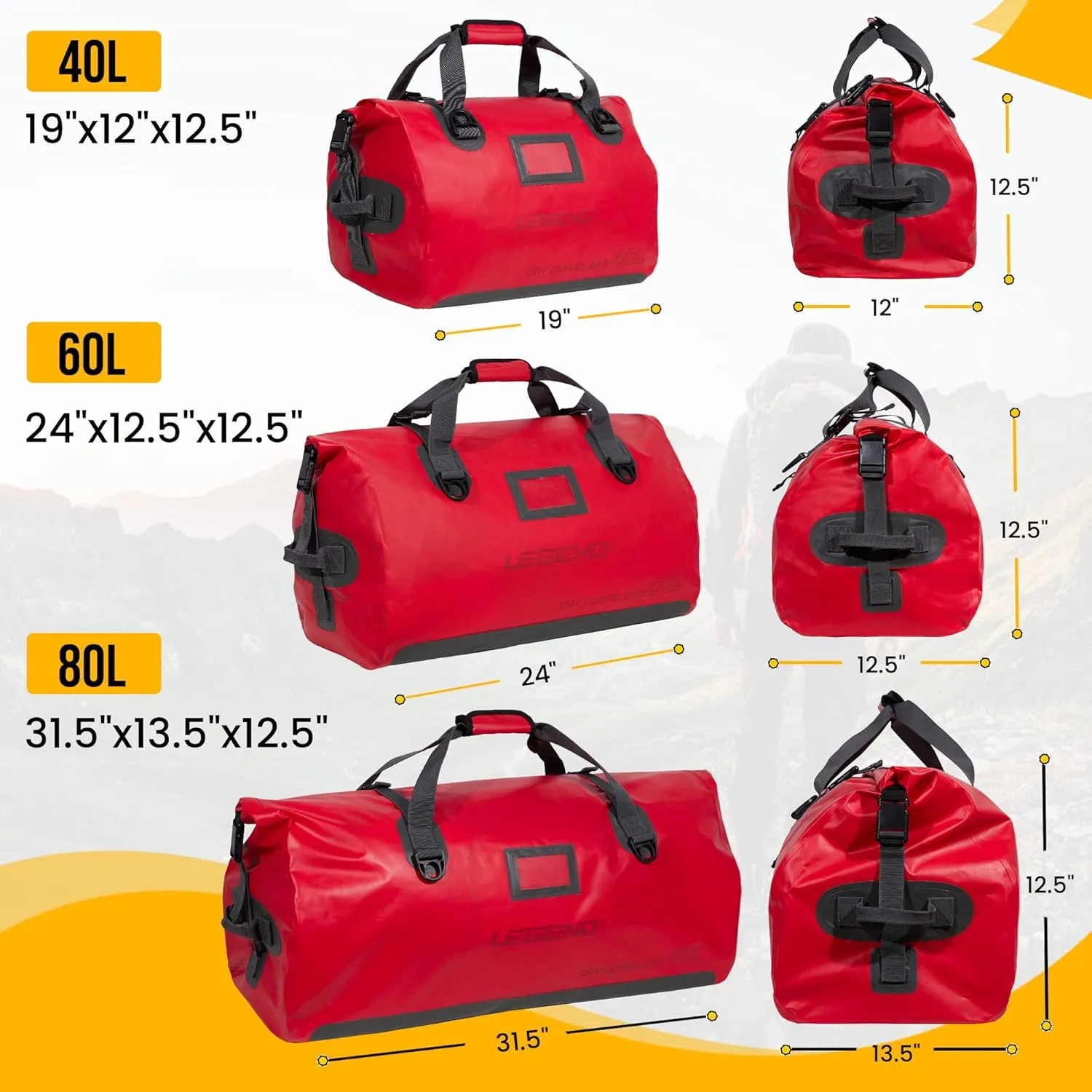LEGEND Waterproof Duffel Bag - Heavy Duty Duffle Bag for Outdoor, Camping, Boating & Travel, Premium PVC Dry Duffel Bag, Motorcycle Dry Bag with Durable Strap & Handles with Large Storage - 80L Red